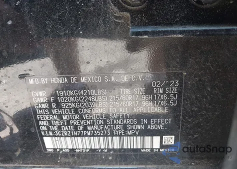 2023 Honda Hr-V 2Wd Ex-L z USA, uszkodzony, nr VIN 3CZRZ1H77PM735273